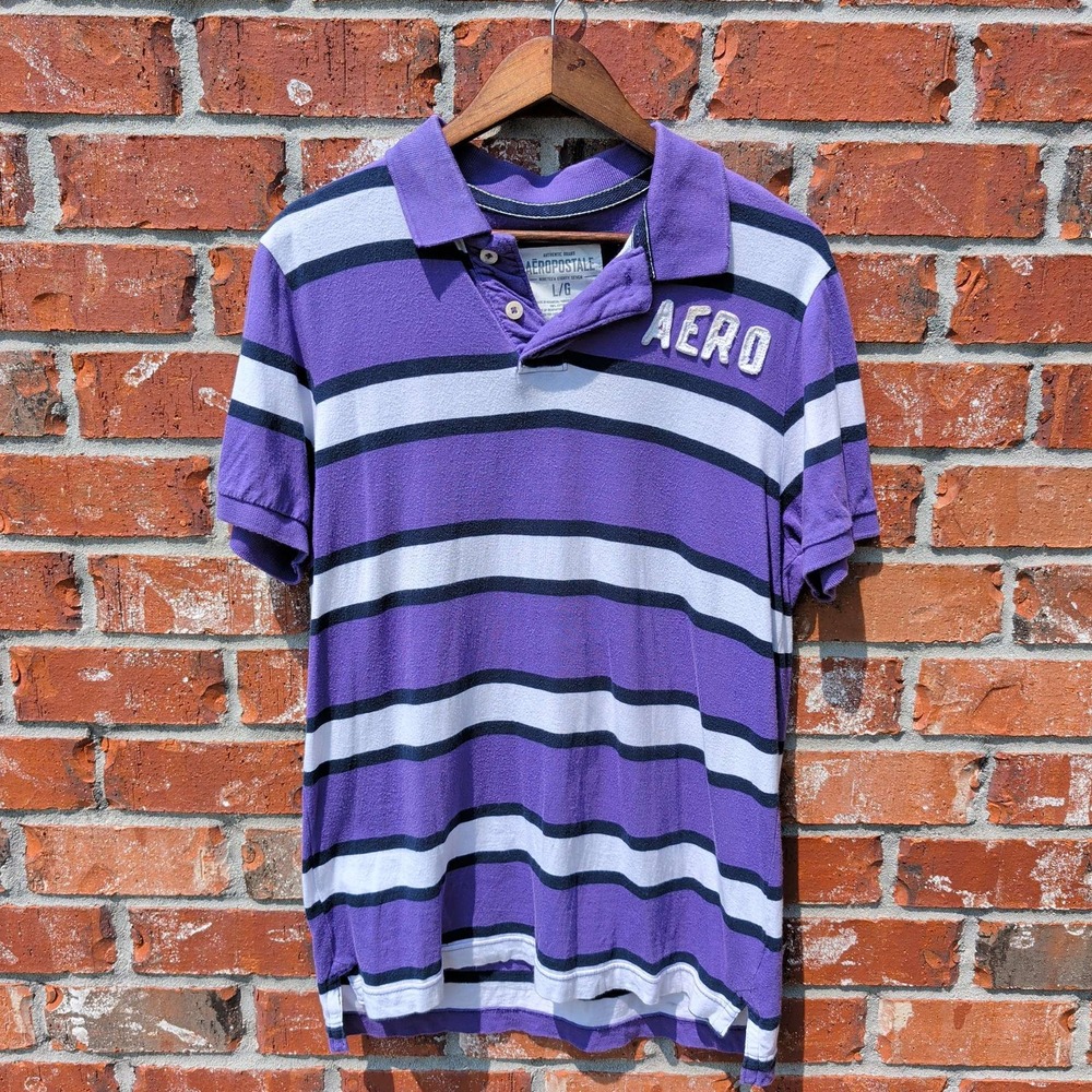 Aeropostale Polo Shirt Mens Large Purple White Striped Short Sleeve AERO Logo